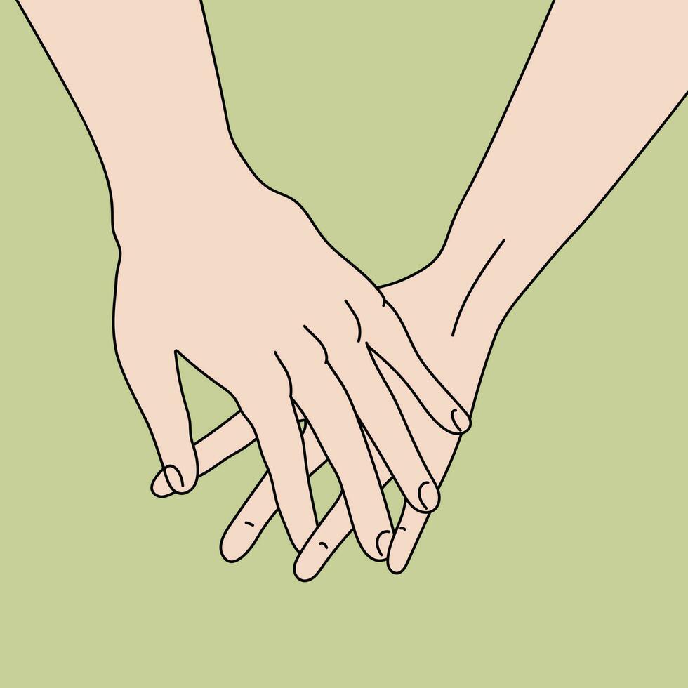 Hand drawn art of hand in hand on green background. Love and friendship. Vector illustration