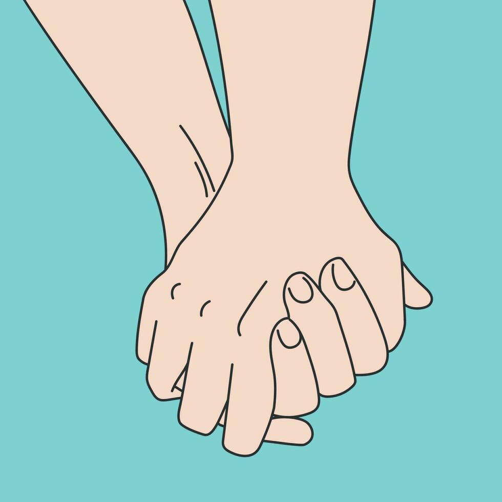 mano dibujado Arte de mano en mano en azul antecedentes. amor y amistad. vector ilustración