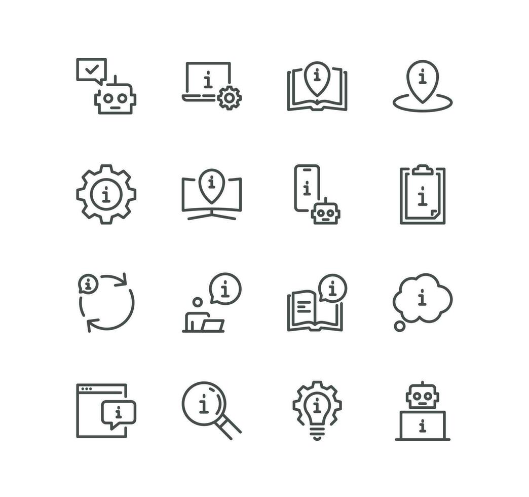 Set of info and help desk realted icons, privacy policy, manual, rule, instruction, inform, guide, reading, info center and linear variety vectors. vector