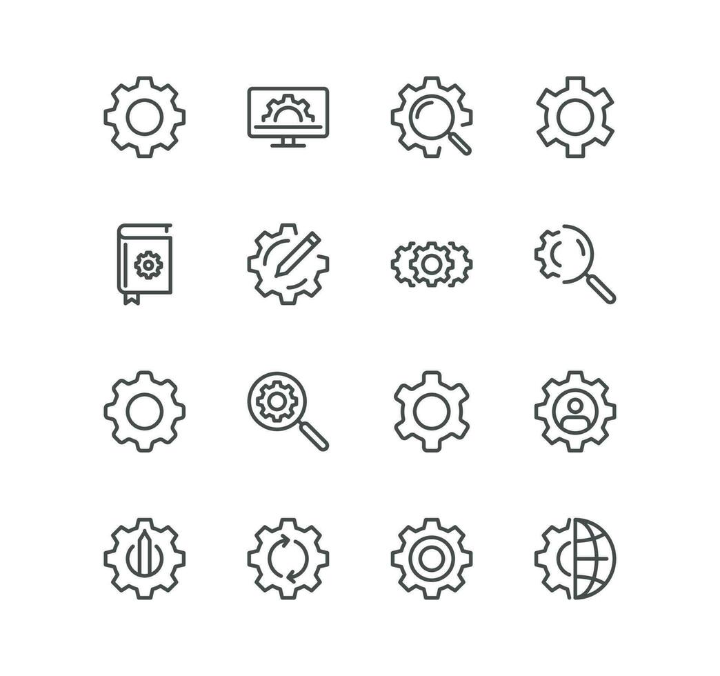 Set of gear related icons, settings, transmission, gearwheel, cogwheel, wrench tool, fix and linear variety vectors. vector