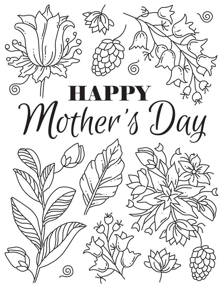 Happy Mother's day. Hand drawn coloring pages for kids and adults. Beautiful drawings with patterns and details. Spring coloring book pictures with blooming branches, flowers, smile, stickers, quotes vector