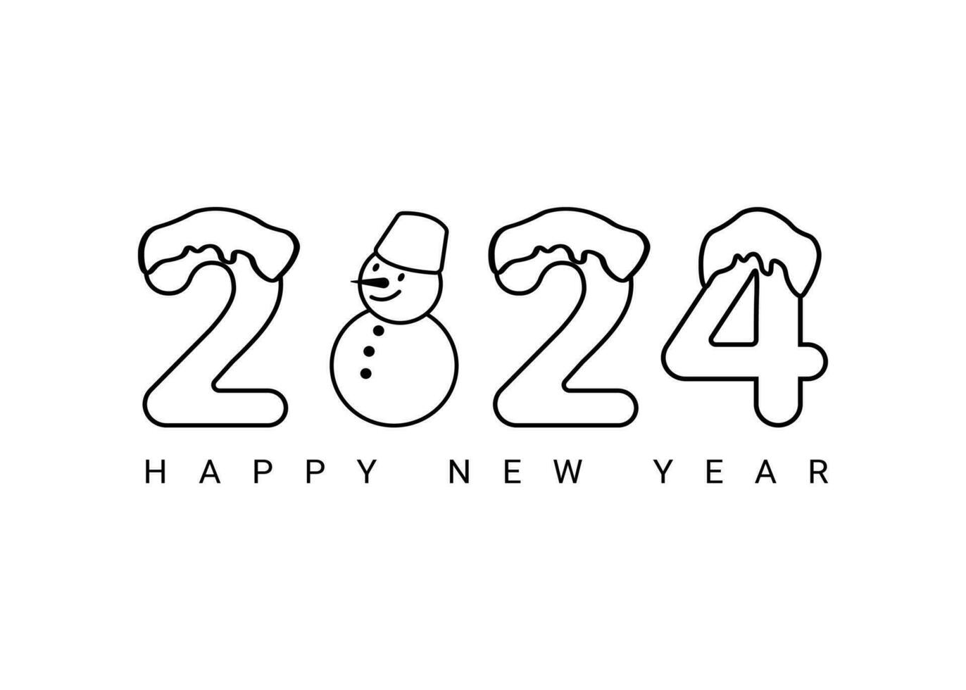 Vector design template for the number 2024 with snowman. The illustration includes a logo in the form of a black label, which can be used for diaries, notebooks, calendars, and web pages.