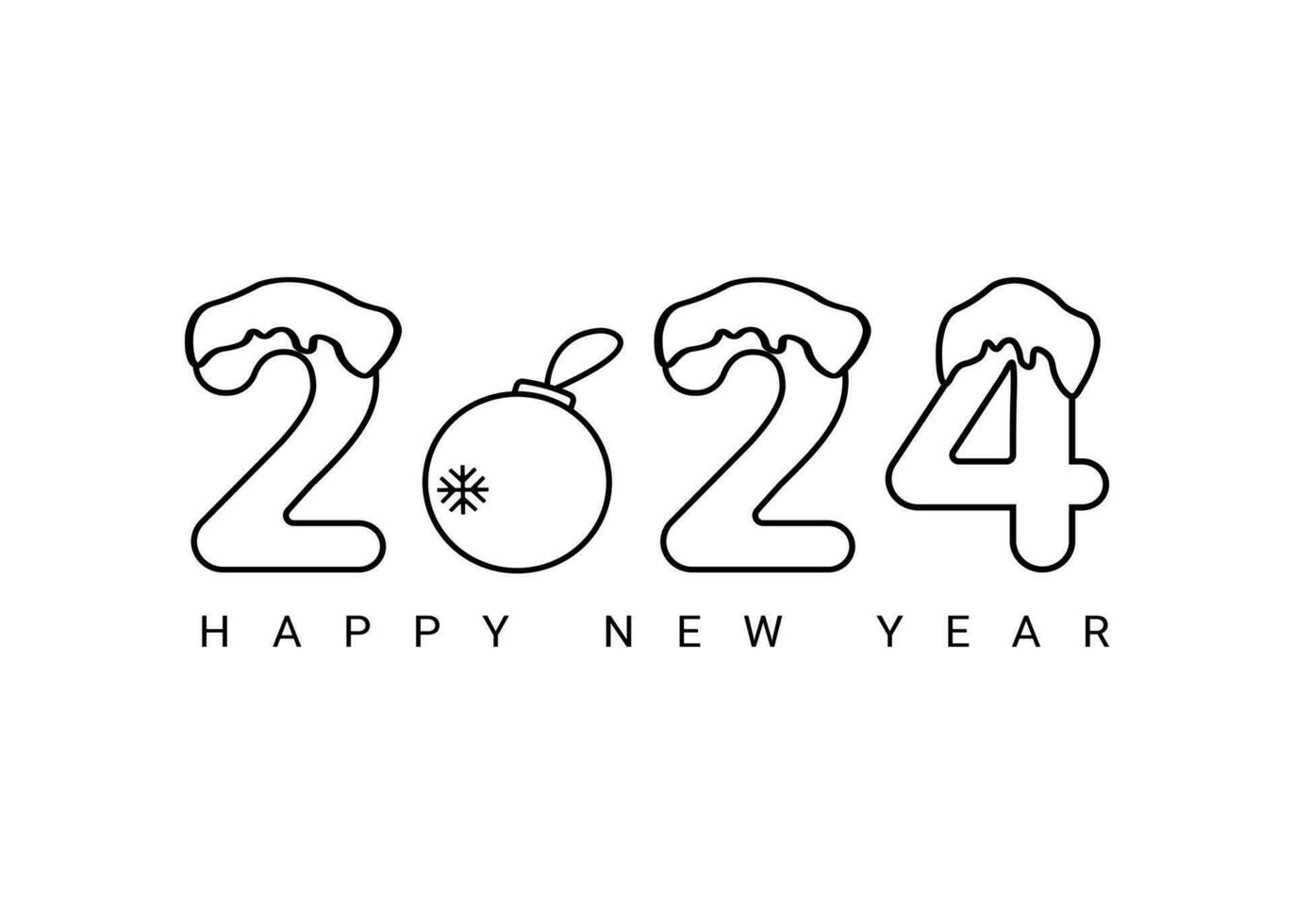 Vector design template for the number 2024 featuring a New Year decoration. The illustration includes a logo in the form of a black label, which can be used for diaries, notebooks, calendars, and web