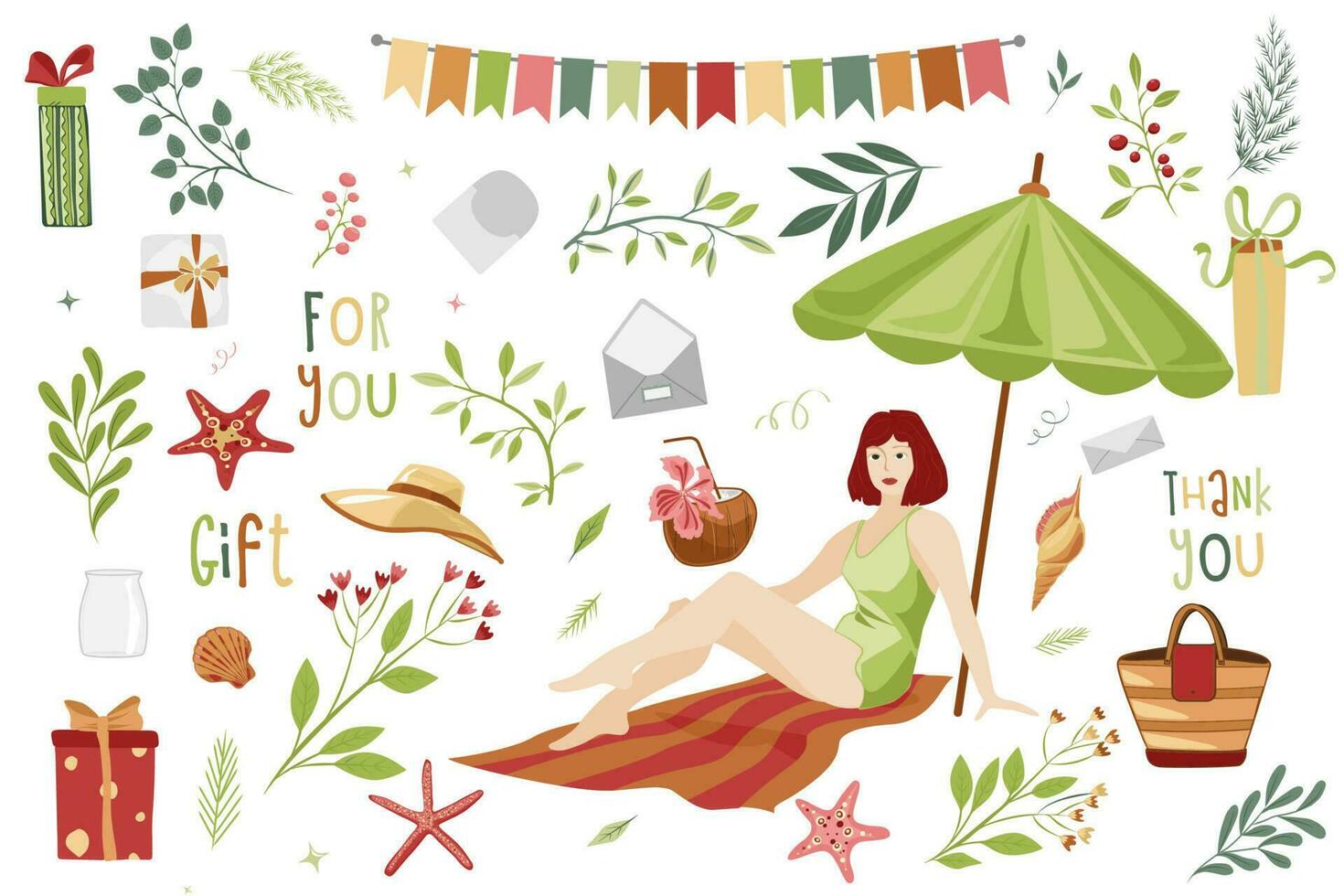 A set of cute summer icons drinks, palm leaves, plants, flowers. A gentle summer poster. A collection of scrapbooking items for a beach party. vector