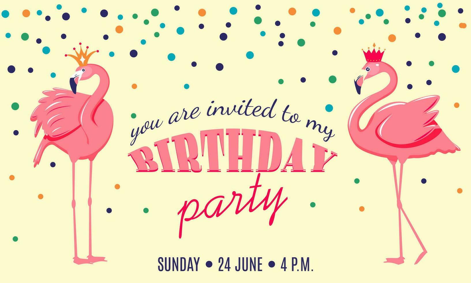 Birthday Party invite design template with flamingo and confetti. vector