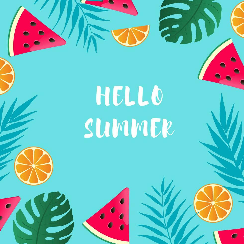 Hello summer banner with watermelon, oranges and palm leaves. vector