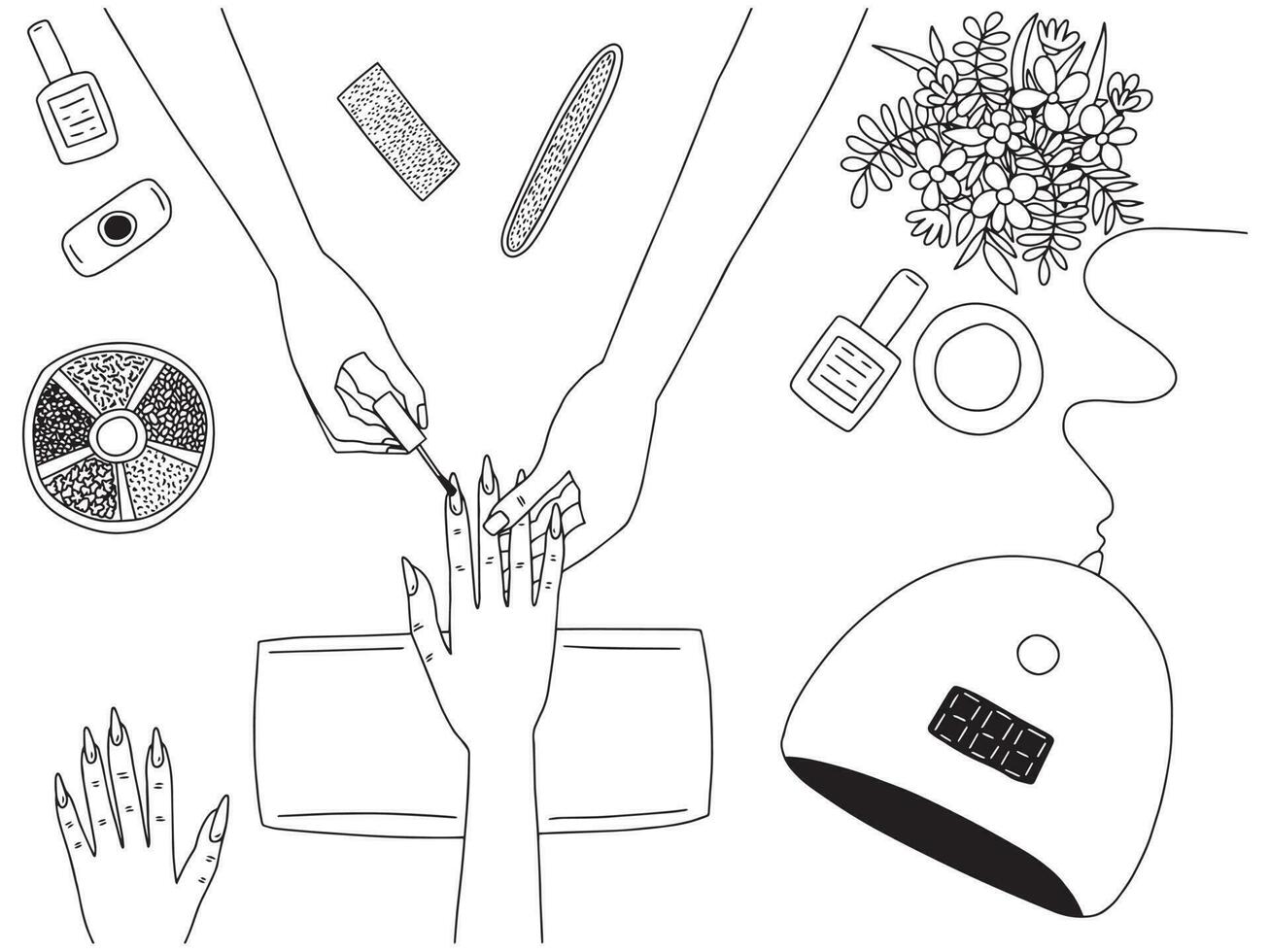 Vector manicure session coloring page illustration. Hand drawn manicure salon process top view vector illustration.