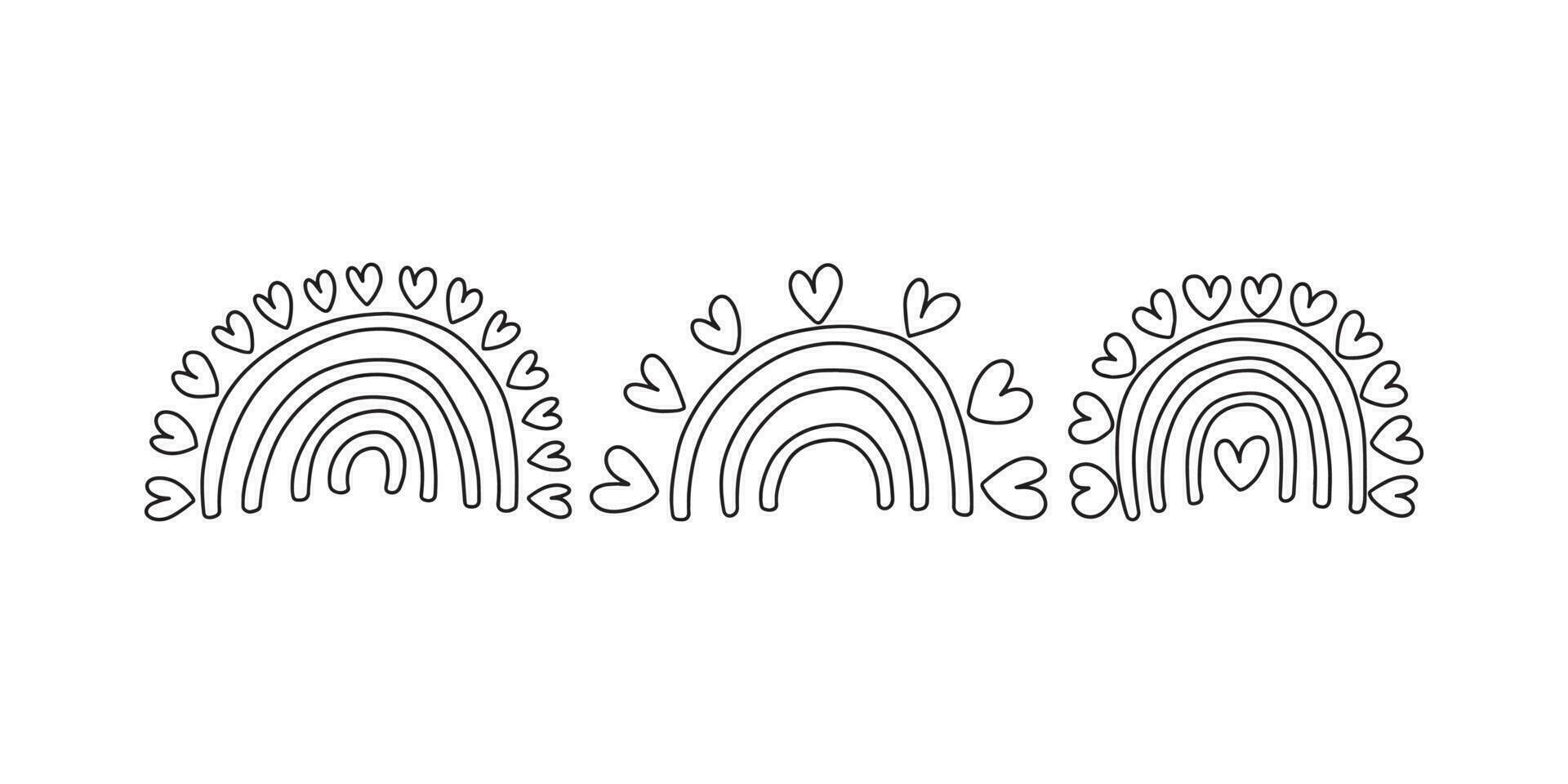 Cute doodle love rainbows set. Different kinds of rainbows with hearts vector set
