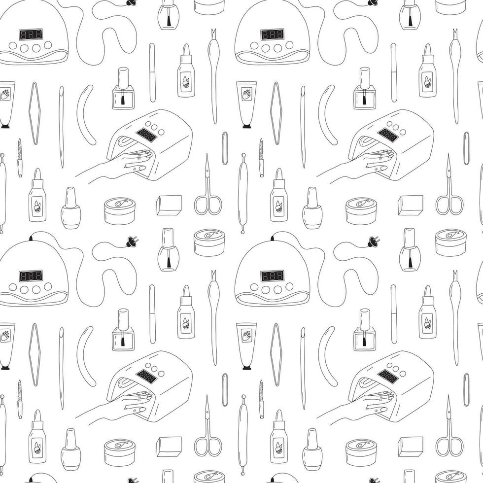 Vector manicure tools seamless pattern. Hand drawn manicure and pedicure equipment on white background