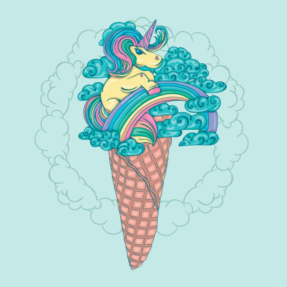 Unicorn in the clouds on the rainbow in the waffle cone. Fun mood. Fairy tale illustration. vector