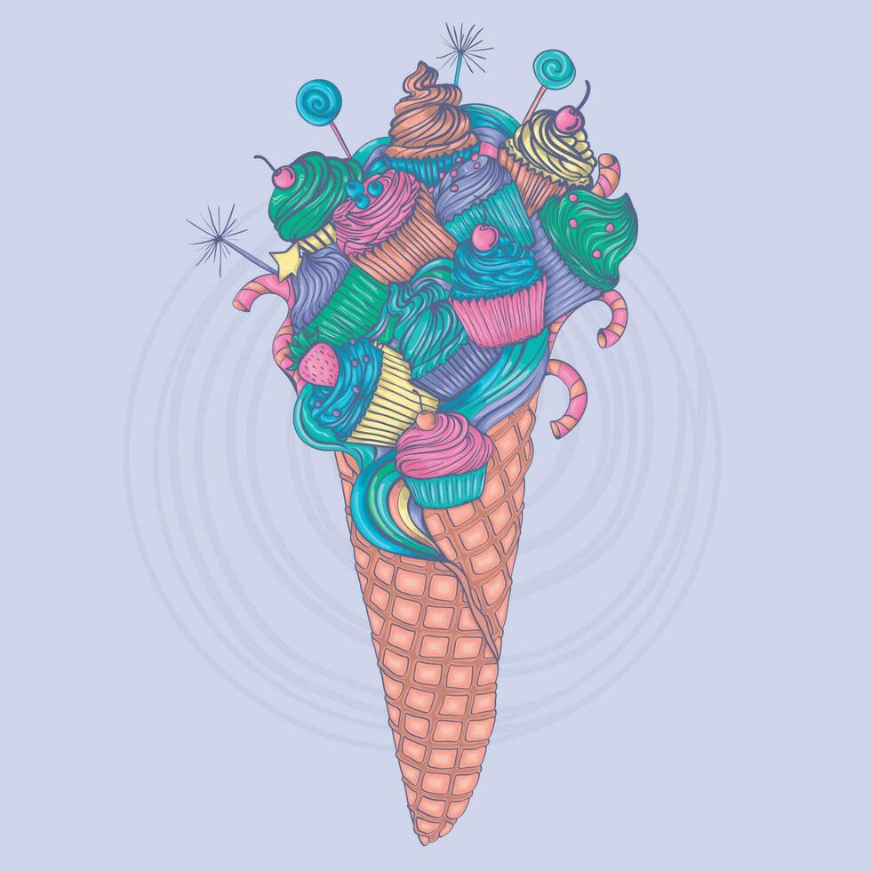 Cupcakes and lollipops with different flavors in waffles. Muffins set. Sweet mood. vector