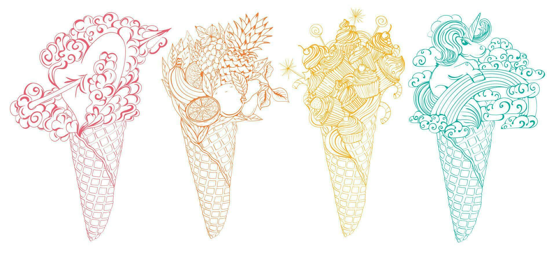 Waffles set. Cupcakes and lollipops, Unicorn in the clouds, heart with an arrow and fruit cocktail in a waffle cones. vector