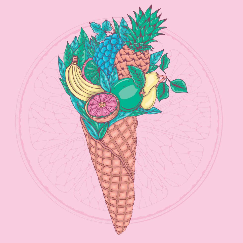 Fruit cocktail in a waffle cup. Set of tropical fruits on a background of green leaves. Bouquet of fruits like an ice cream. vector