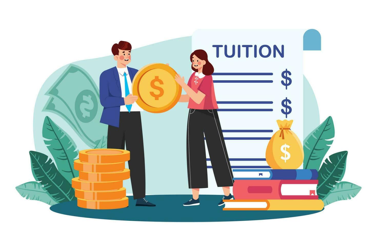 A college student applies for scholarships to help pay for tuition vector