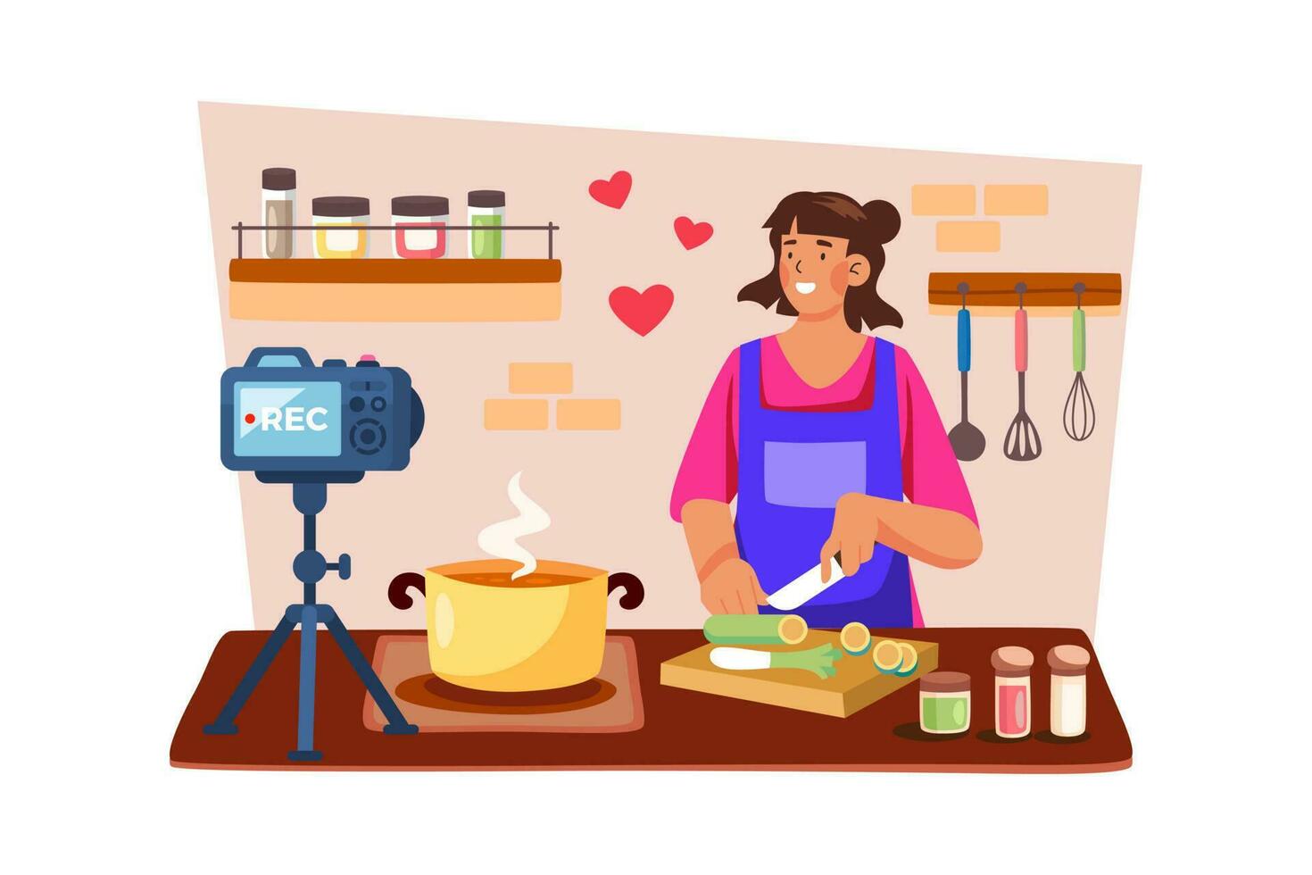 A food blogger films a recipe tutorial for their channel. vector
