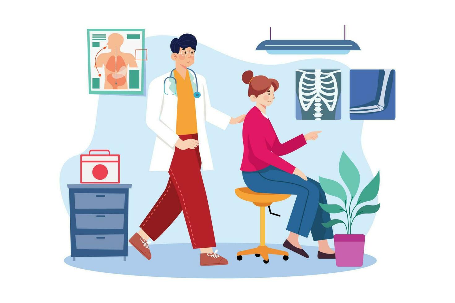 A chiropractor manipulates the spine to relieve pain and improve mobility. vector