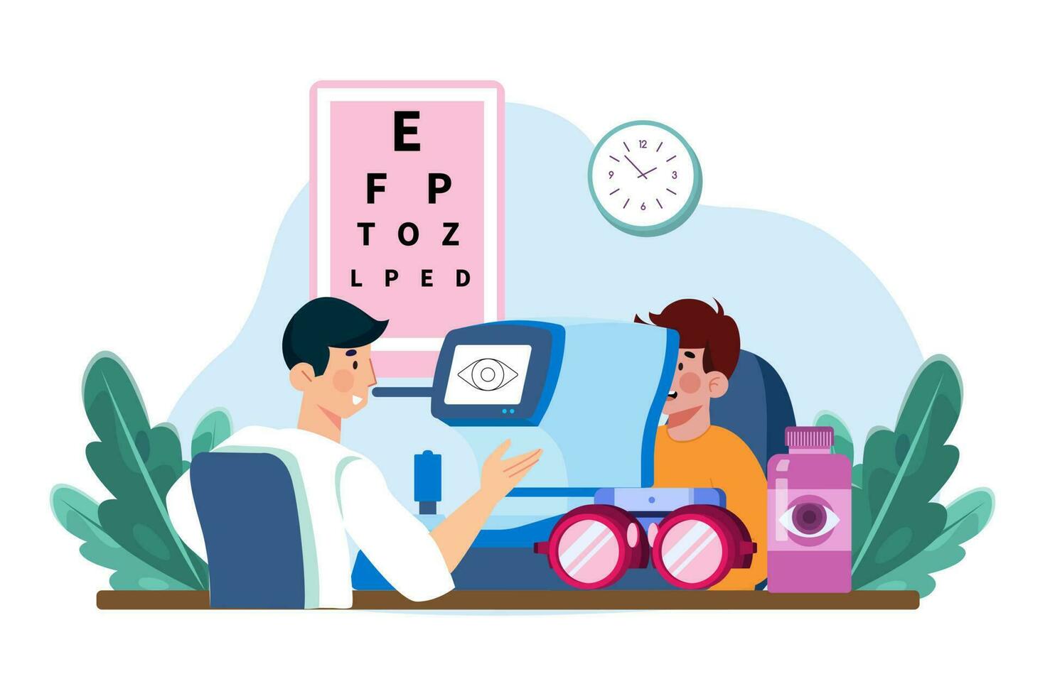 An optometrist performs eye exams and prescribes corrective lenses. vector