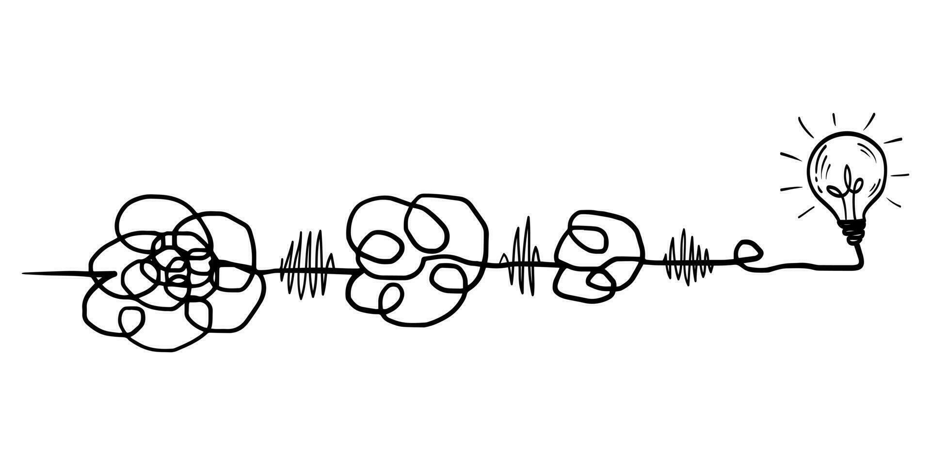 scribble line doodles. the concept of transition from complicated to simple with bulb lamp, isolated on white background. vector illustrations