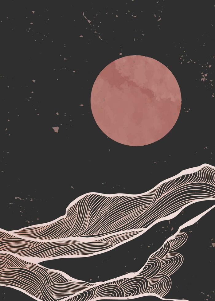 Hand drawn style of creative minimalist modern line art print. Abstract mountain contemporary aesthetic backgrounds landscapes. with mountain, moon, wave. vector illustrations