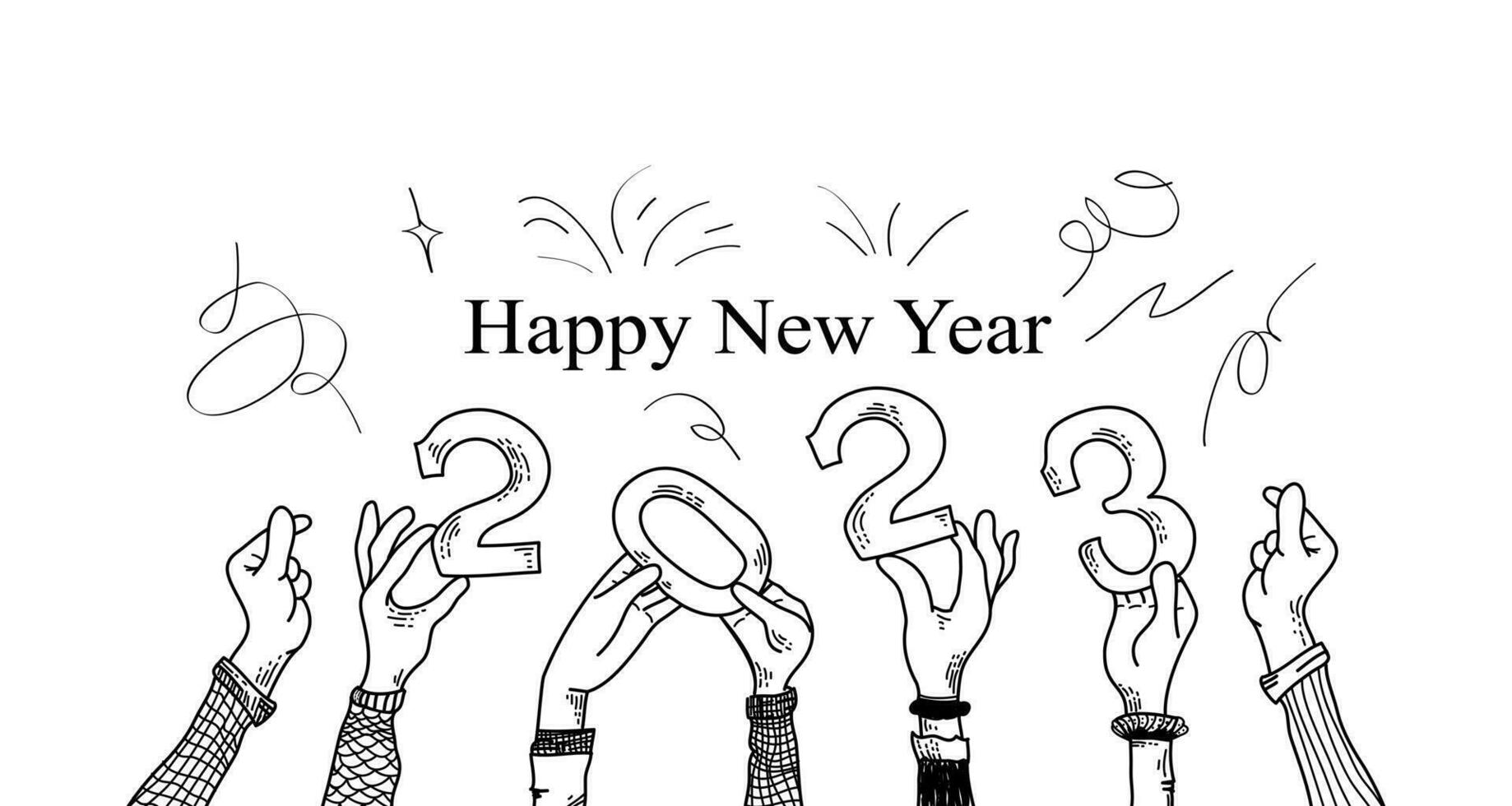 Happy New Year 2023. doodle hands of people who are celebrating the new year. hands holding number in hand drawn style. vector illustration