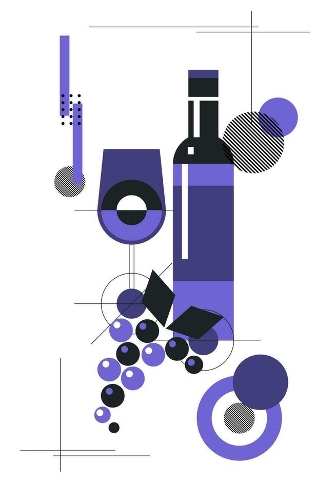 Abstract Still Life Wine Composition on White Background Vector Illustration. Flat design of wine glasses, bottles, fruits, and geometric shapes. For modern Cocktail Party or Bar Decoration