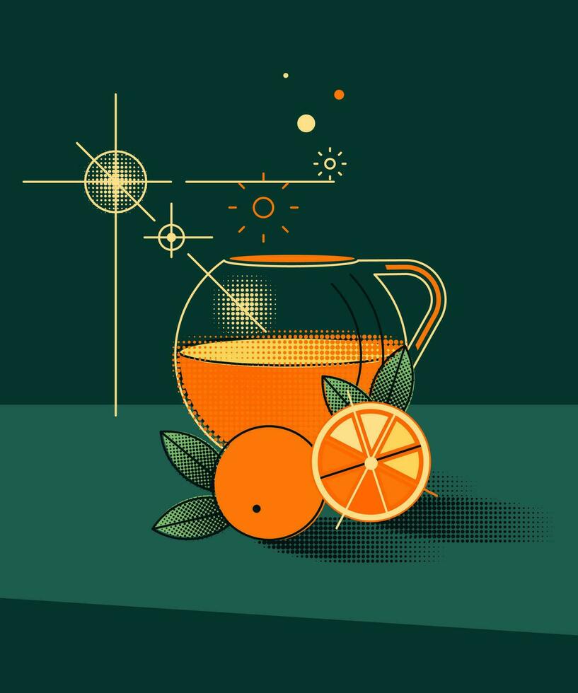 Still Life with Orange Juice and orange Citrus Fruits in Geometric Style - Abstract Vector Illustration in Fresh and Modern Design