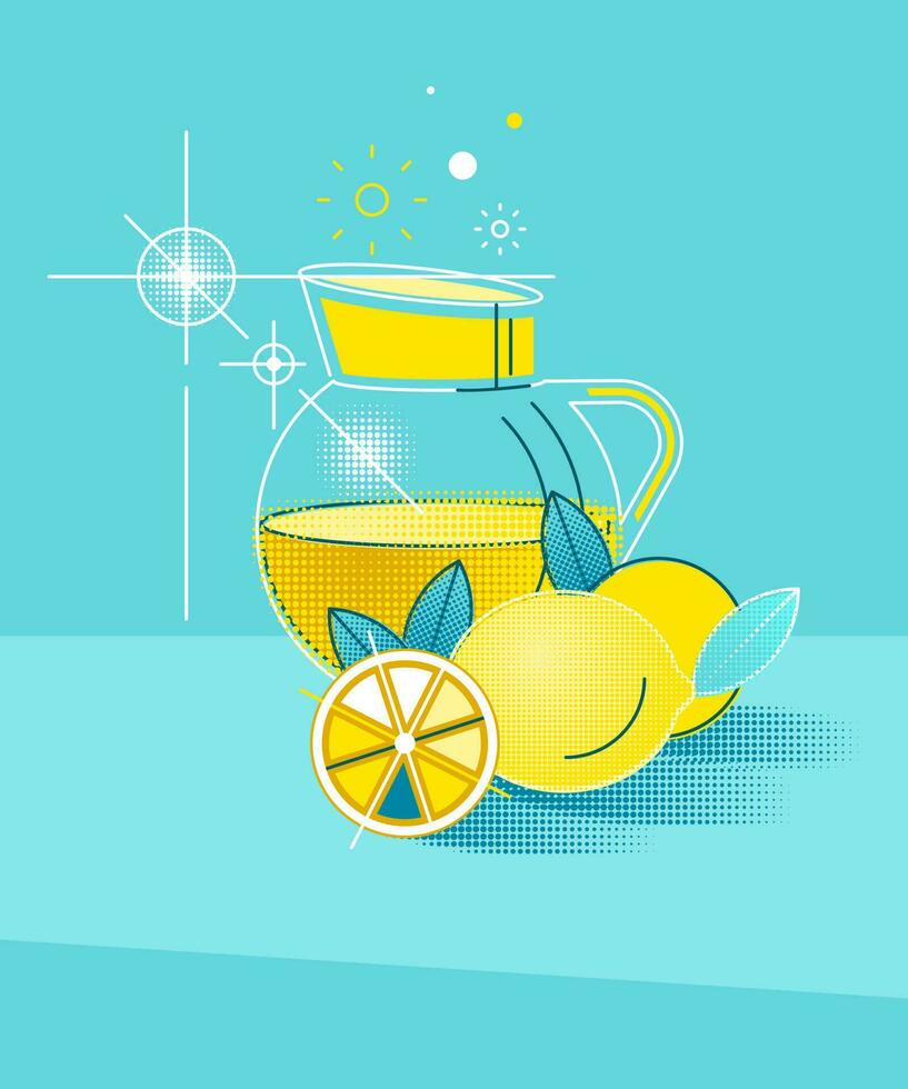 todavía vida en retro cómic libro estilo vector ilustración de agrios frutas y hojas en geométrico forma y resumen antecedentes. refrescante limonada bebida concepto para verano o sano bebida diseño