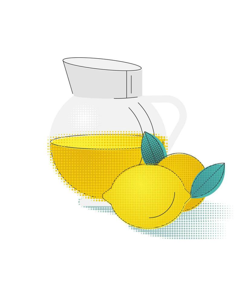 Abstract Still Life with Citrus Lemon Fruits and Lemonade Glass, Vector Illustration on White Background. Modern Design for Beverages, Drinks, and Wall Art Decor. Retro Comic Style