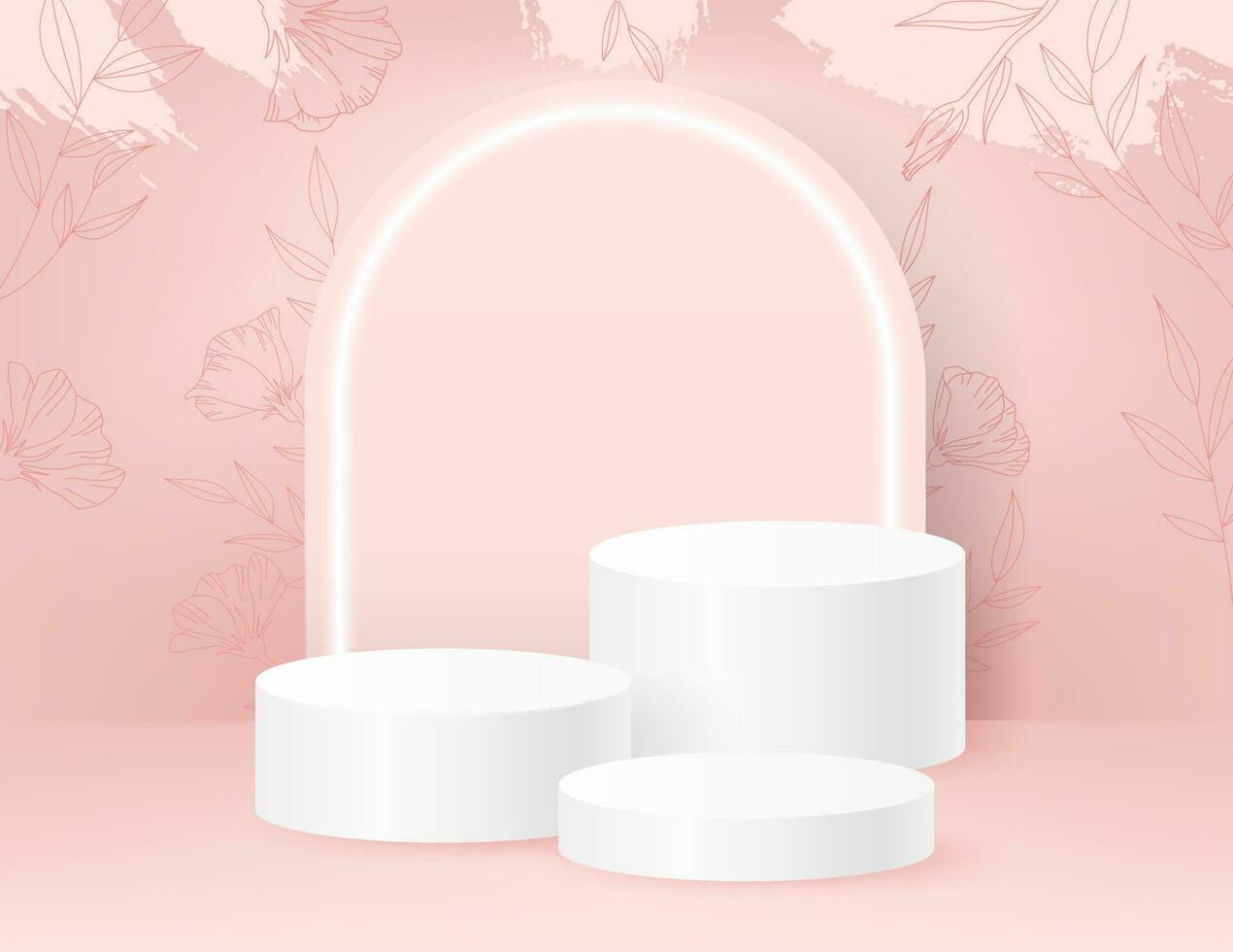 Pastel pink backdrop with line plants and flowers. 3D podium is perfect for showcasing cosmetic or luxury items. Geometric cylinder white podium for advertising, exhibitions, or sale promotion vector