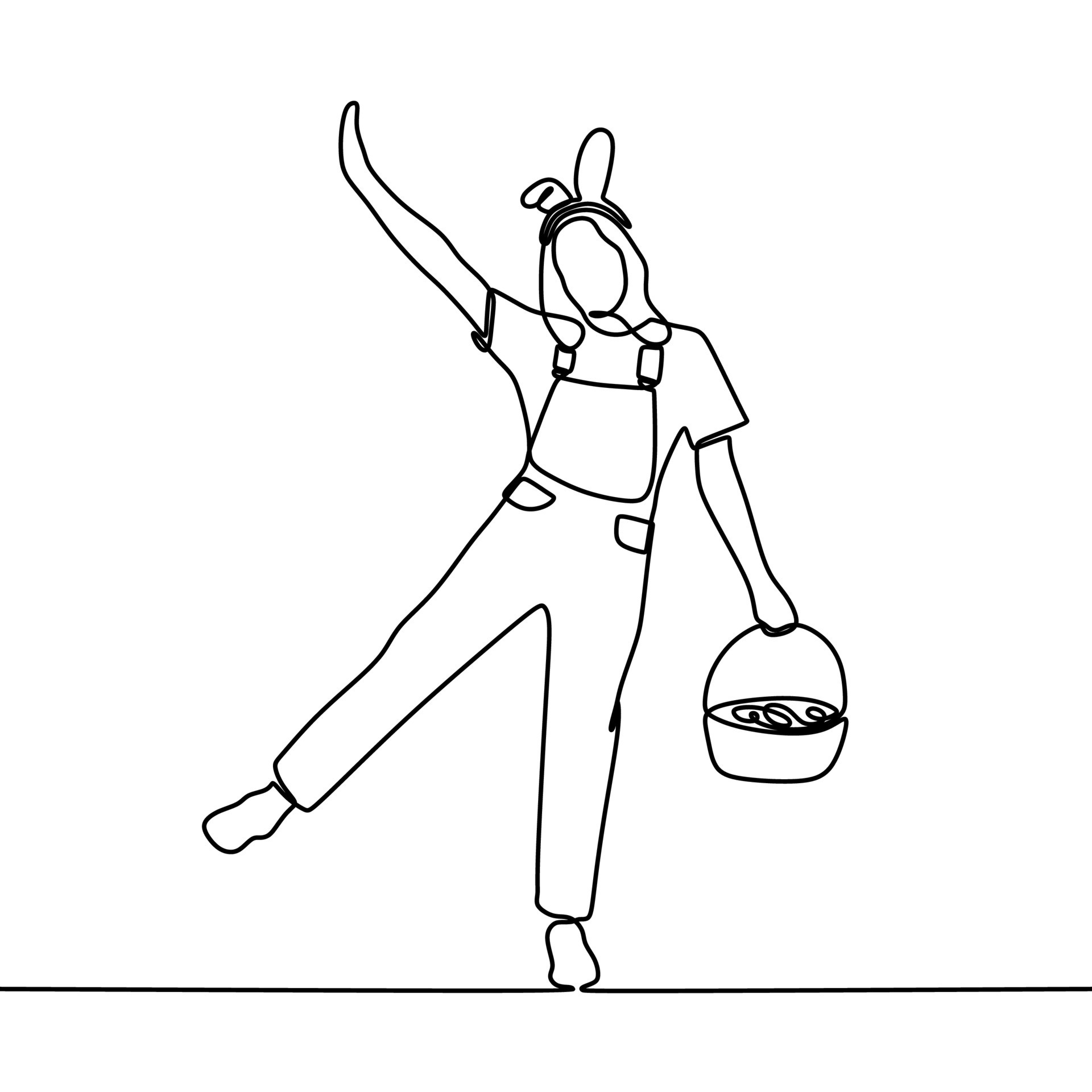 continuous line drawing of young woman wearing bunny clothes holding a ...