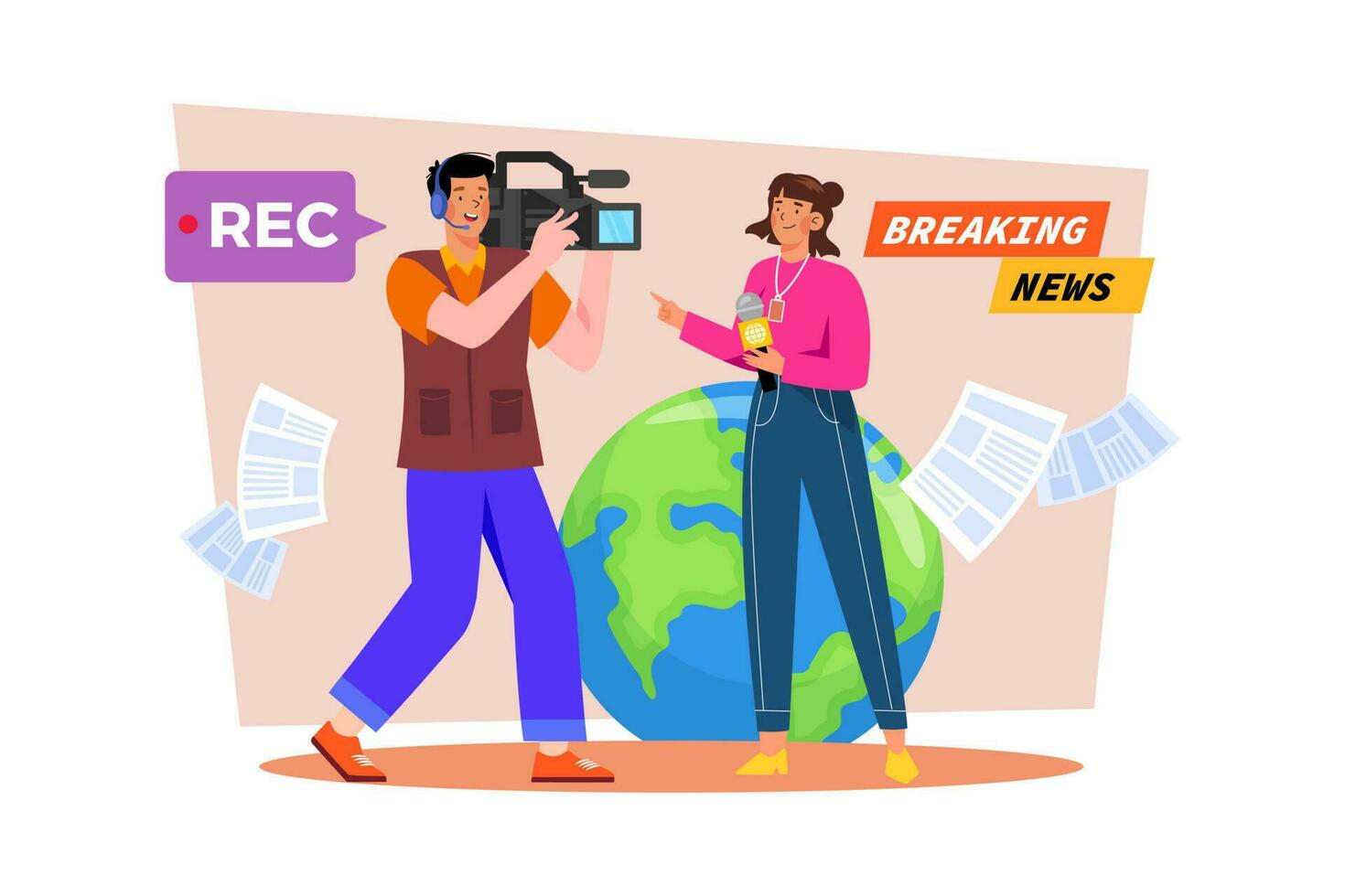 A video journalist covers breaking news with their camera. vector