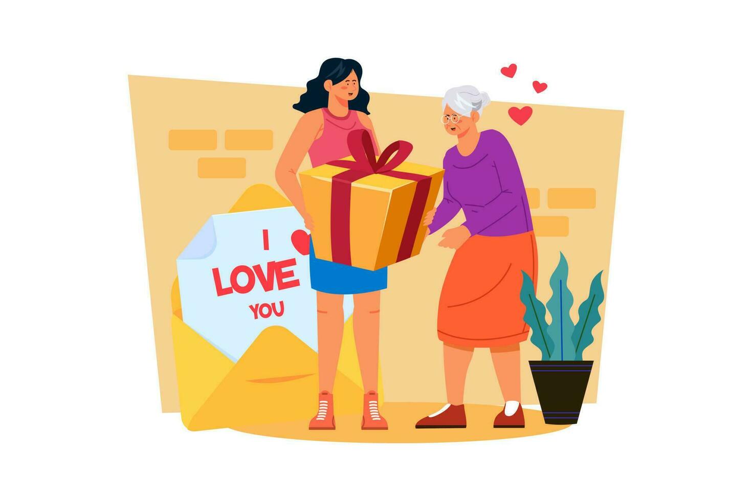 A woman surprises her mother with a heartfelt card and a thoughtful gift to show her appreciation vector