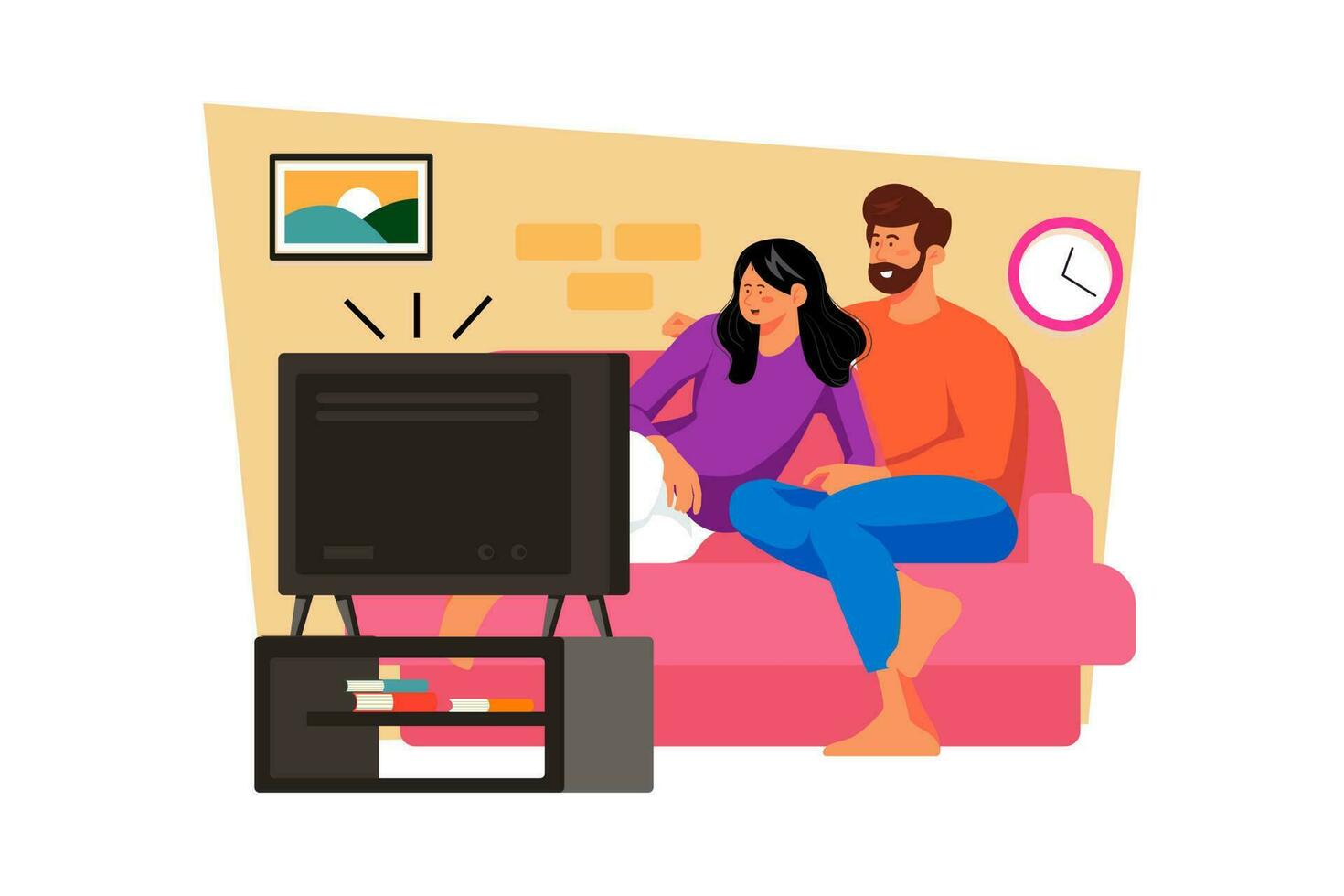 un Pareja gasta el día relajante a hogar, acecho su favorito películas y disfrutando cada otros compañía. vector