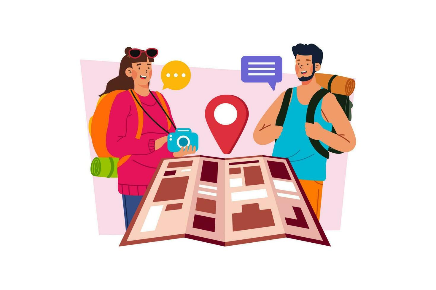 A couple is researching new places on the map vector