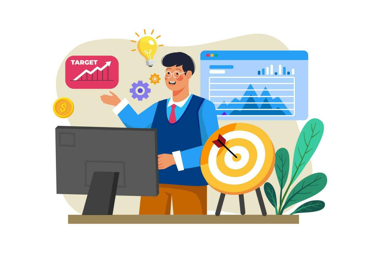 An entrepreneur creates a business plan for a new venture. vector