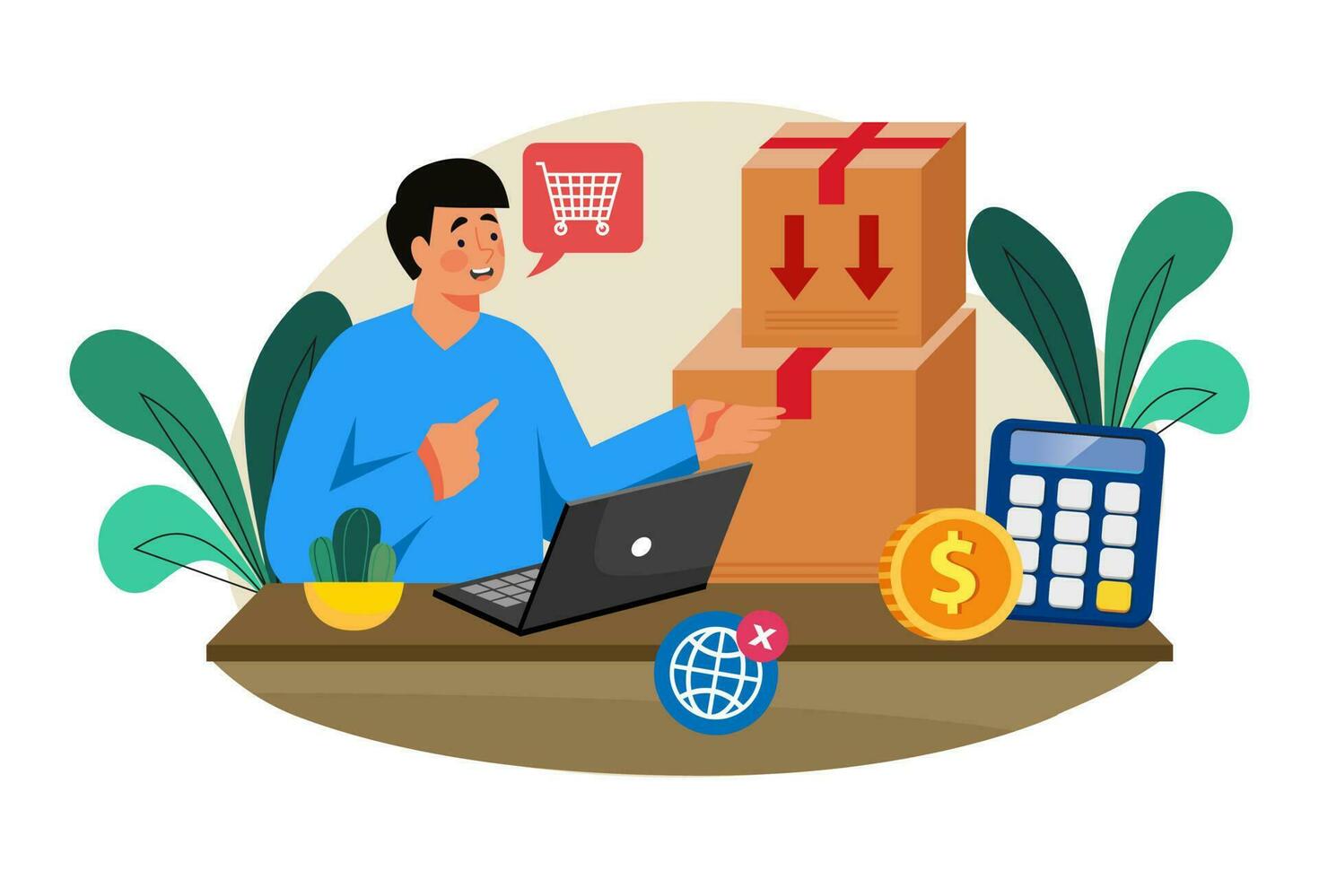 A small business owner manages inventory and orders supplies. vector