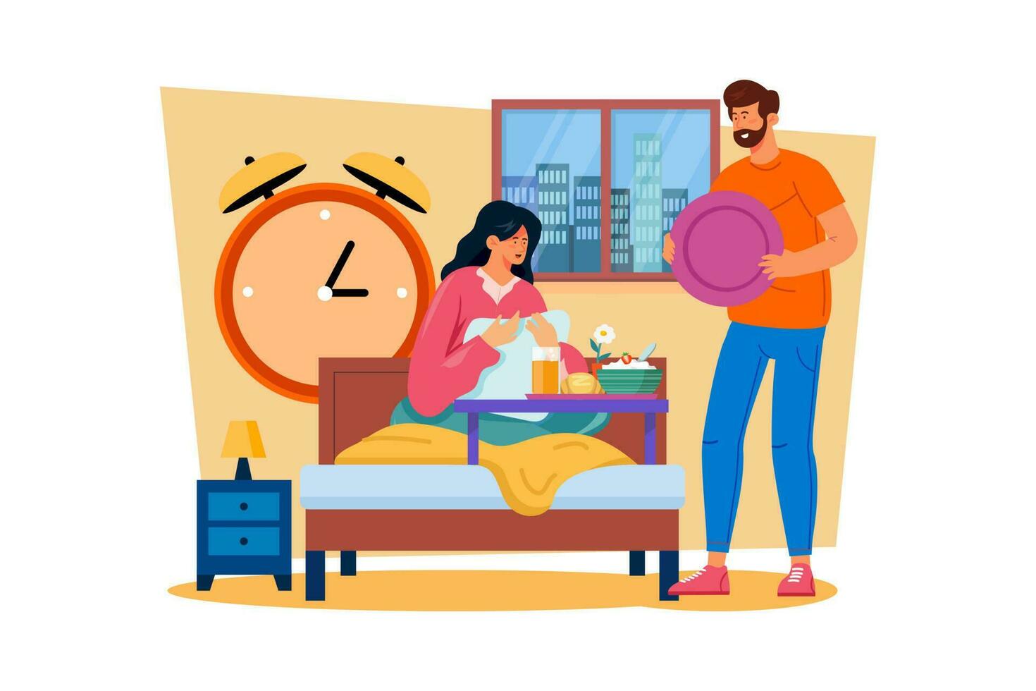 A man prepares a special breakfast in bed for the woman vector