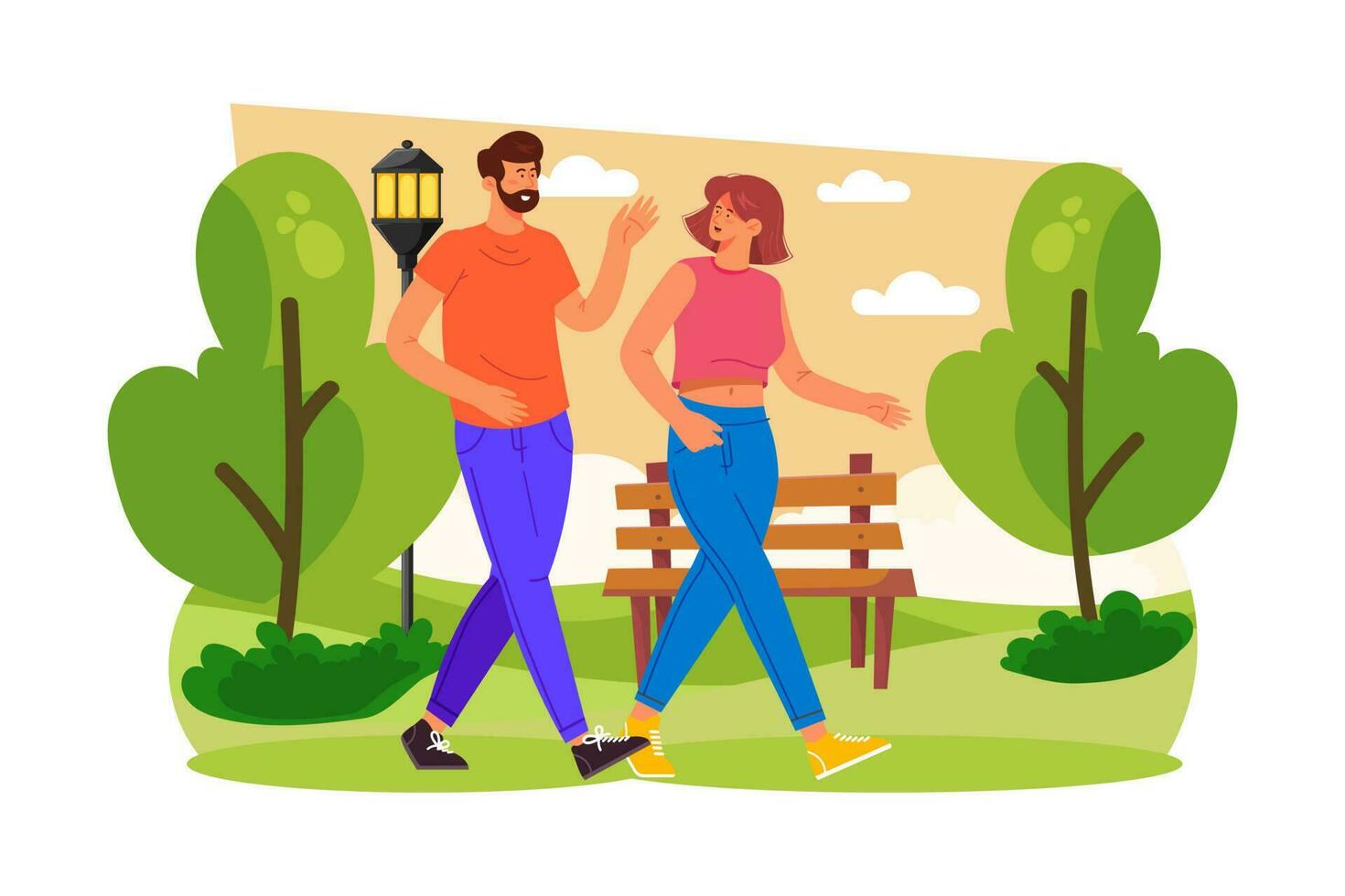 un Pareja toma un romántico caminar en el parque a celebrar el ocasión. vector