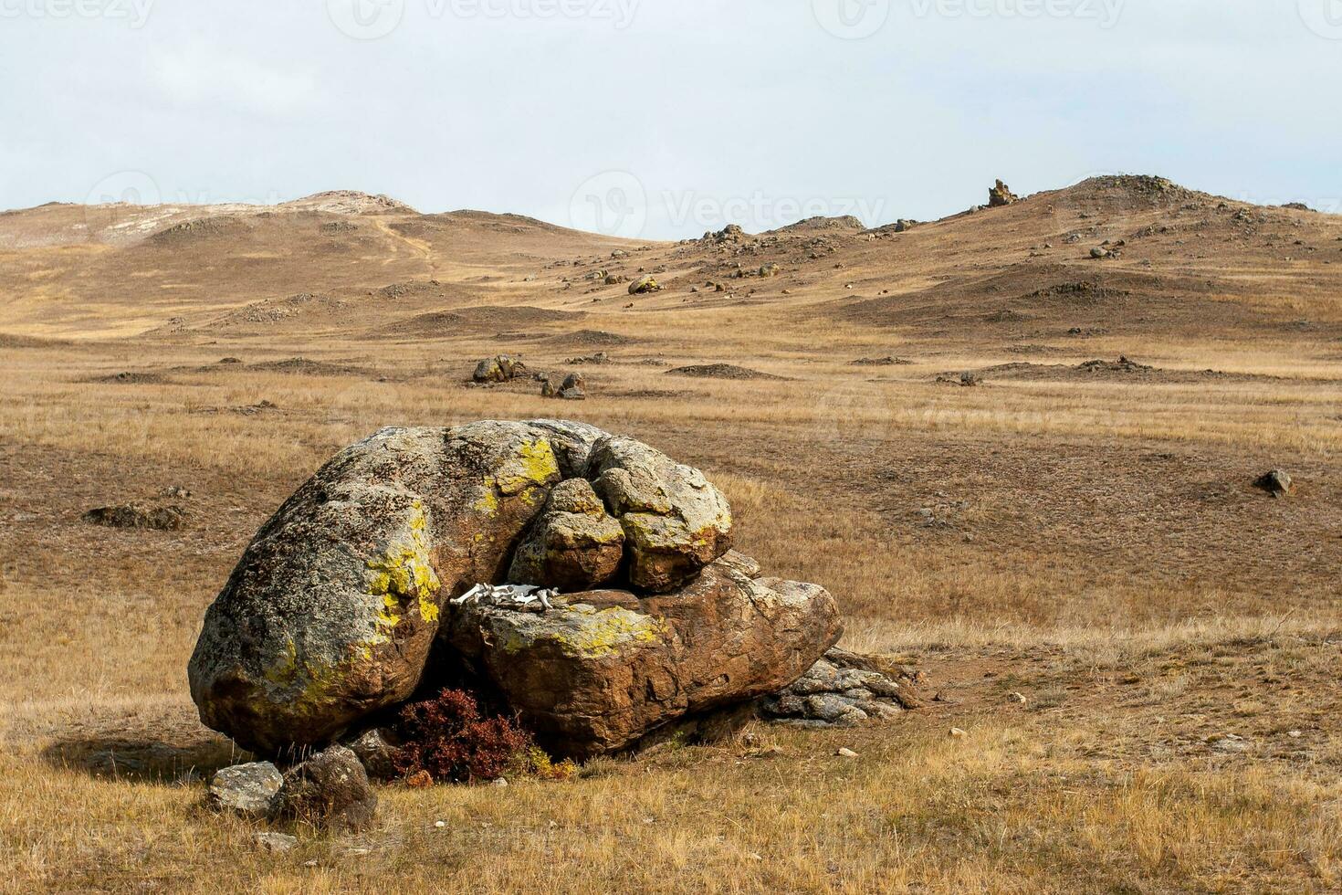 White bones lie between large boulders in the form of an altar in the steppe. Brown tones. Cloudy. The hills are behind. photo