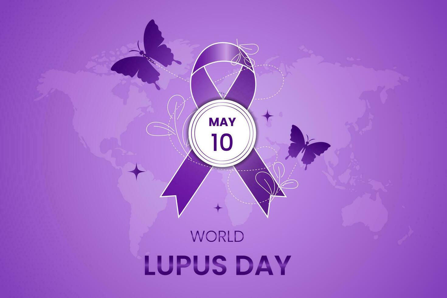 Vector illustration of World Lupus Day with awareness purple ribbon and butterfly for chronic autoimmunity awareness.