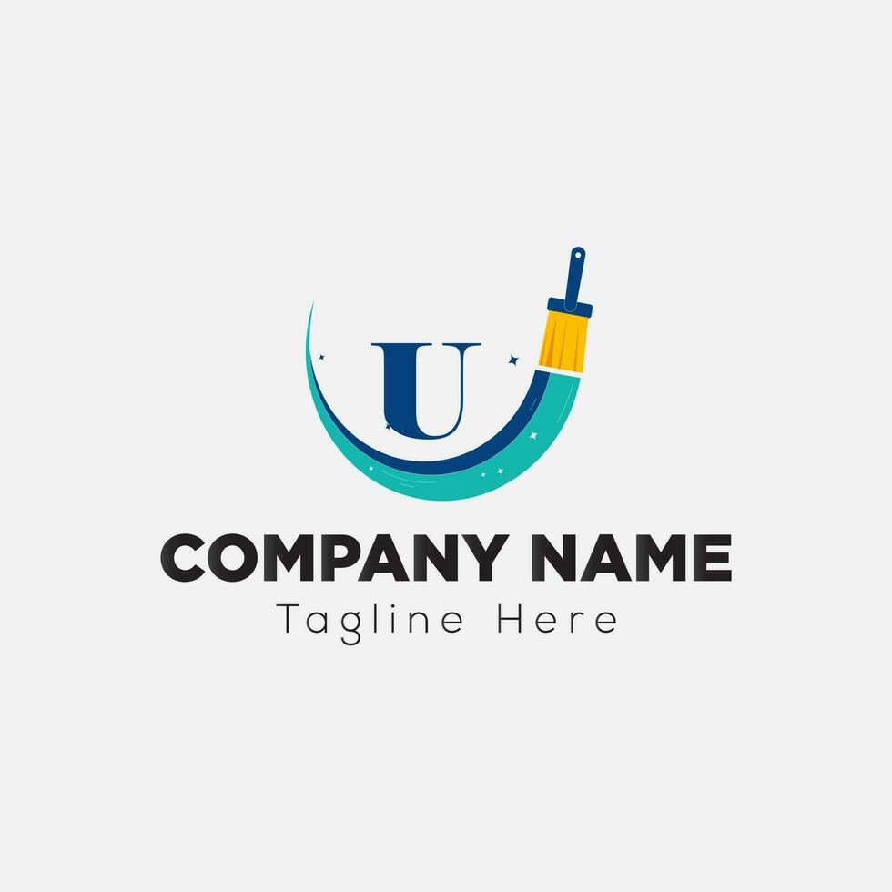 Paint Logo On Letter U Template. Paint Logo On U Letter, Initial Paint Sign Concept Template vector