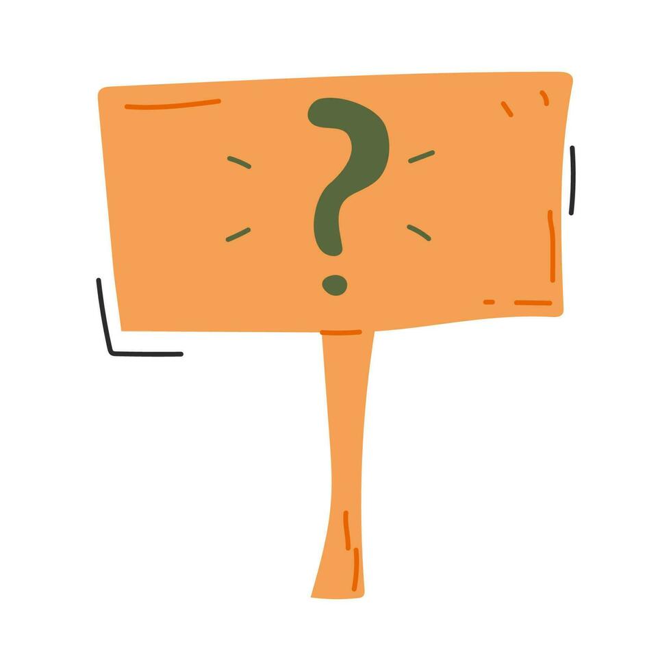 Question mark on a wooden sign. Simple sign in flat cartoon style. Vector isolated illustration on a white background.