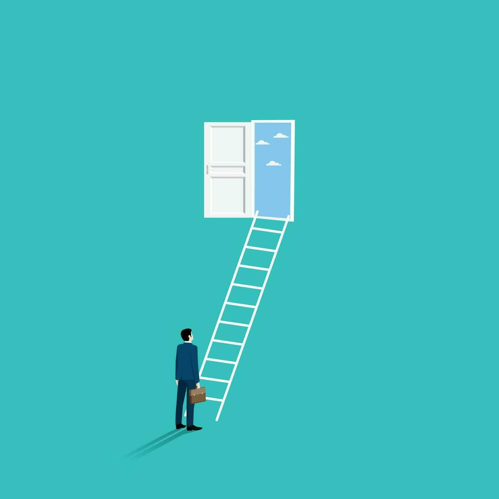 Businessman stand looking at ladder to the door with blue sky vector