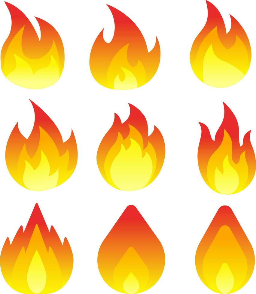 Fire vector illustration set. Set of fire flames icon. Fire graphic resources for design icon, clip art, sign, symbol or logo. Sheet vector of flame icon for design about burn, hot, heat and inferno