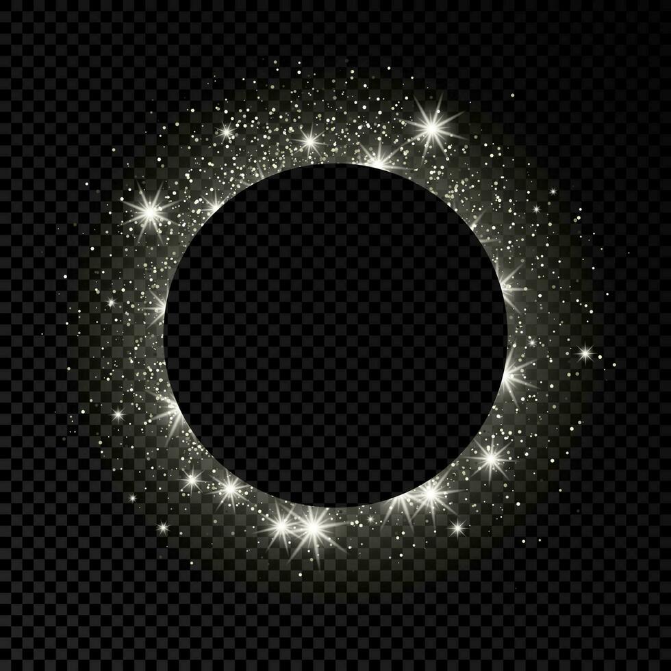 Silver circle frame with glitter, sparkles and flares on dark vector
