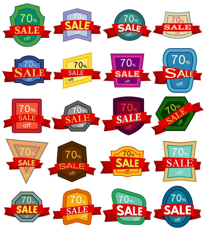 Set of twenty discount stickers. Colorful badges with red ribbon for sale 70 percent off. Vector illustration.