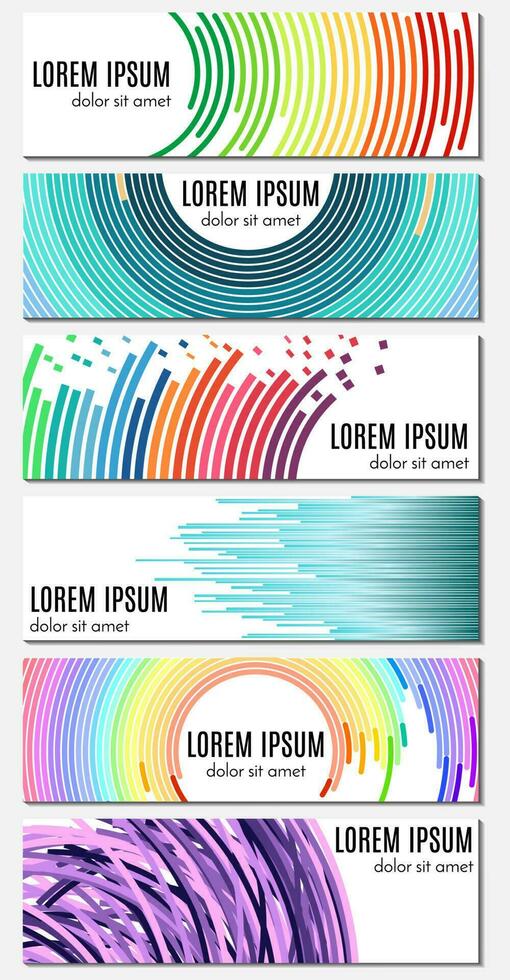 Set of six colorful abstract header banners with curved lines and place for text. Vector backgrounds for web design.