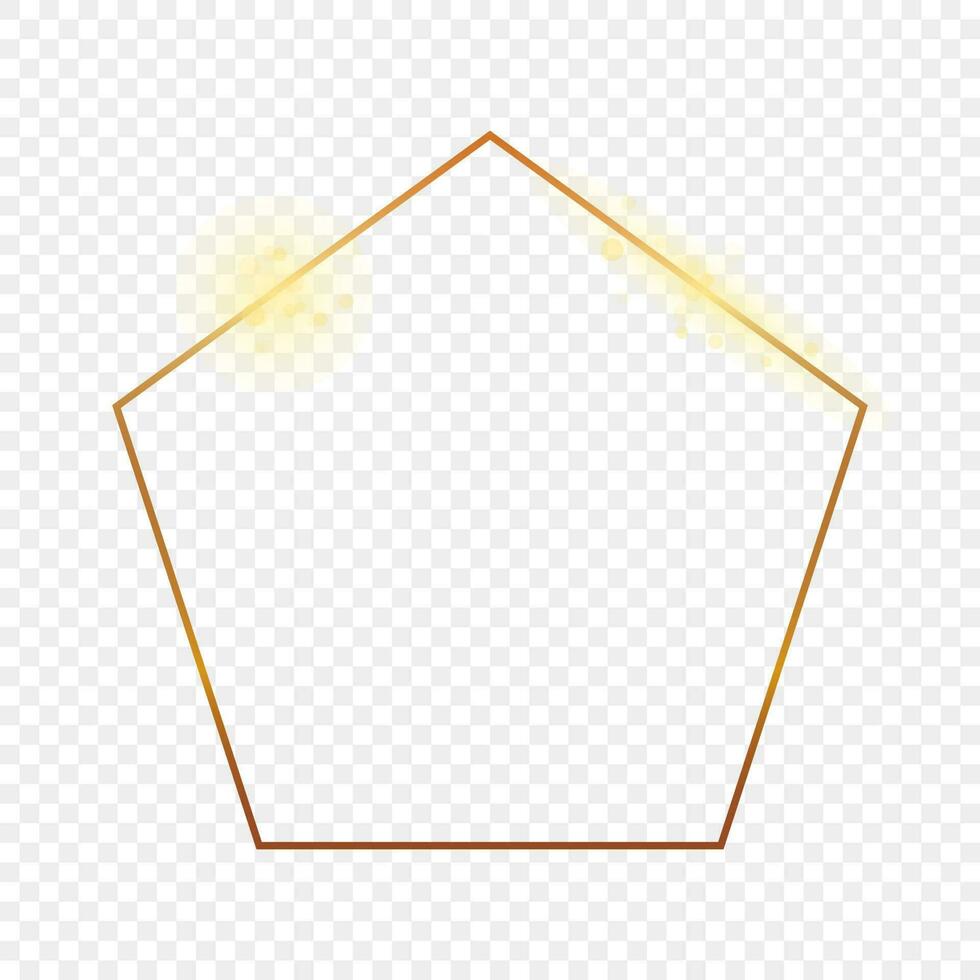 Gold glowing pentagon shape frame isolated on background. Shiny frame with glowing effects. Vector illustration.
