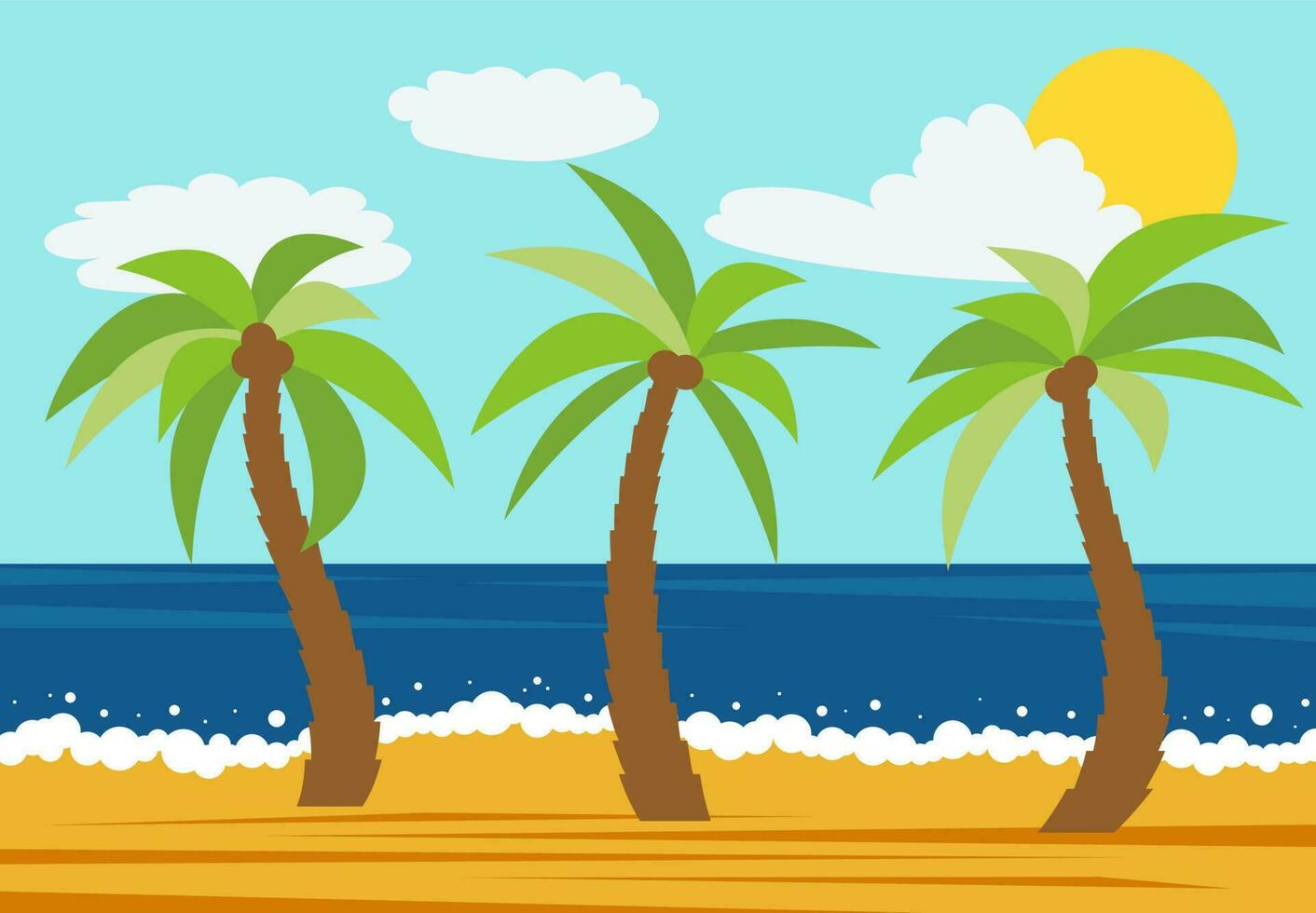 Cartoon nature landscape with three palms in the summer beach. Vector illustration.