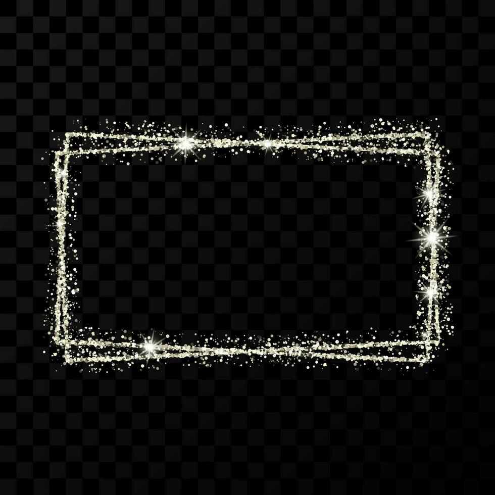 Silver double rectangle frame. Modern shiny frame with light effects isolated on dark vector